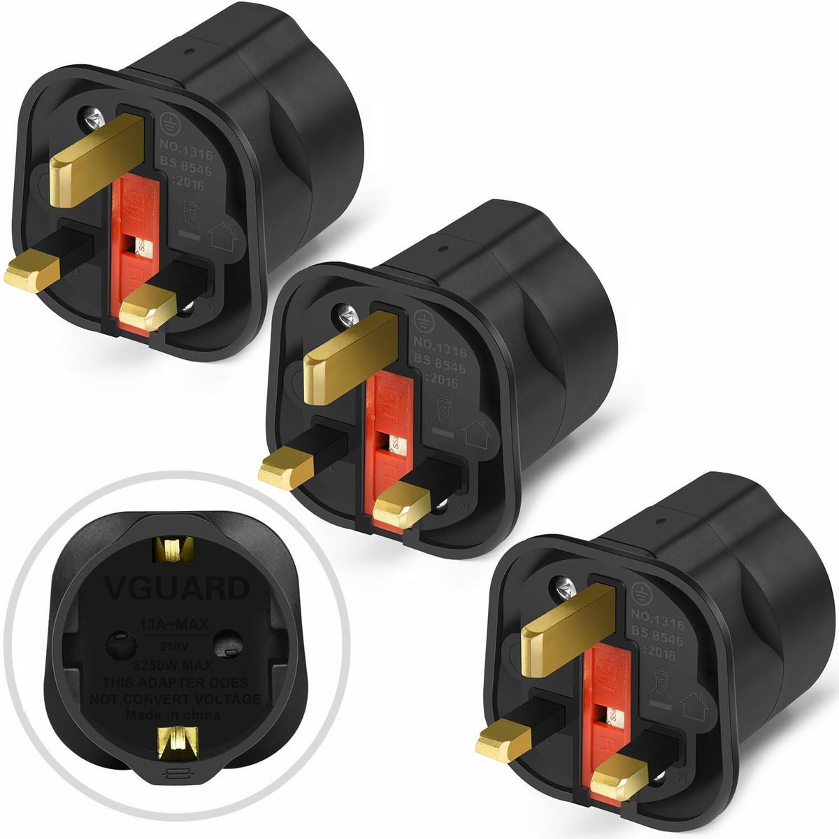 VGUARD European to UK Plug Adapter 2 Pack BS8546 Certified Travel Adapter 2-Pin to 3-Pin, EU Schuko to UK Plug with 13A Fuse for Europe French Spanish German Turkish to UK Socket - Black