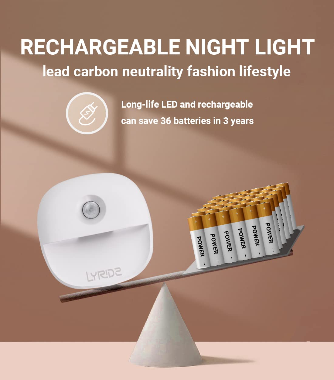 Lyridz Motion Sensor Night Lights (3 Pack), USB Rechargeable Night Light, Motion Sensor Lights Indoor ON/Off/AUTO Modes with Removable Magnetic Stick on Cupboard, Stair, Hallway, Bedroom (Warm White)