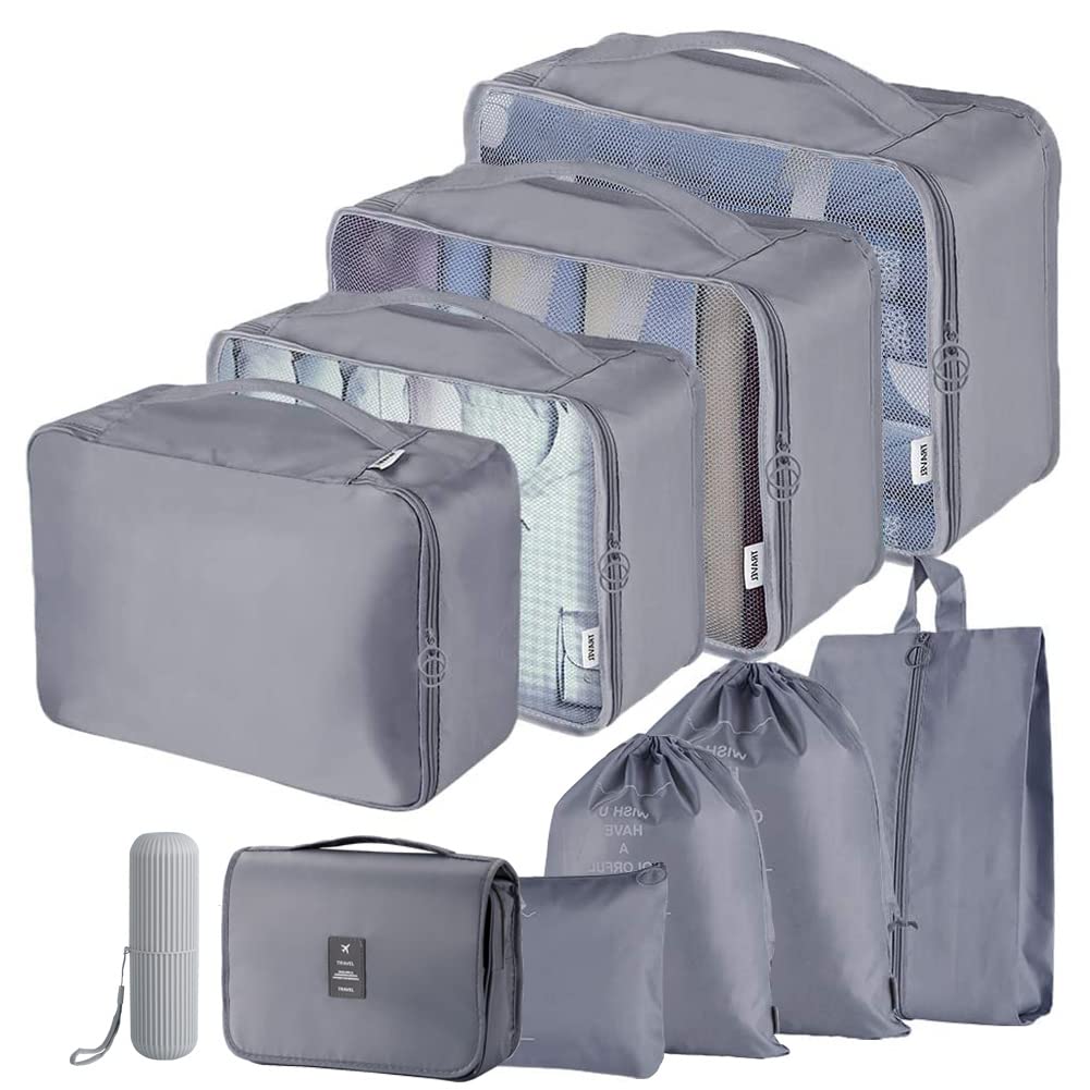 Travel Packing Cubes, Toifucos Multifunction 8pcs/set Luggage Organiser Compression Suitcase Essential Bag, Dark Gray