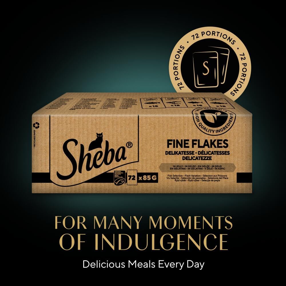 Sheba Fine Flakes in Jelly – Poultry Collection – Wet cat food pouches for adult cats – 72x85g pack