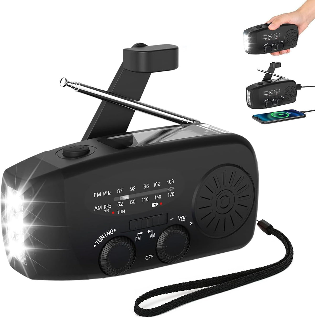 2000mAh Wind Up Solar Hand Crank Emergency Radio | AM/FM Weather Band Radio with LED Torch, SOS Alert & USB Phone Charger for Outdoor Camping Hiking (Black)