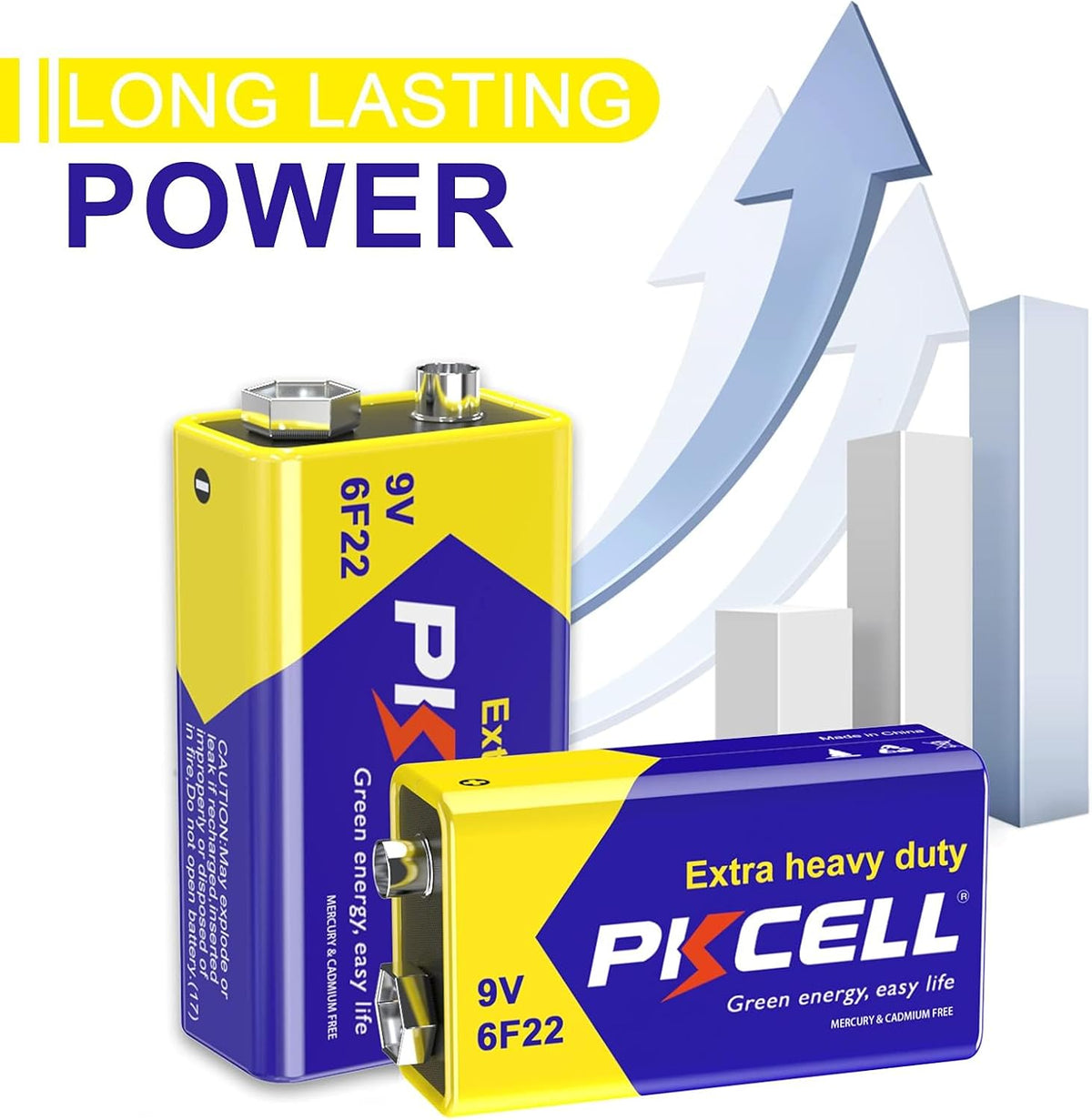 PKCELL 9V Battery, Block Battery, 6F22 Batteries for Smoke Detector, Radio Camera, Toy, Pack of 2
