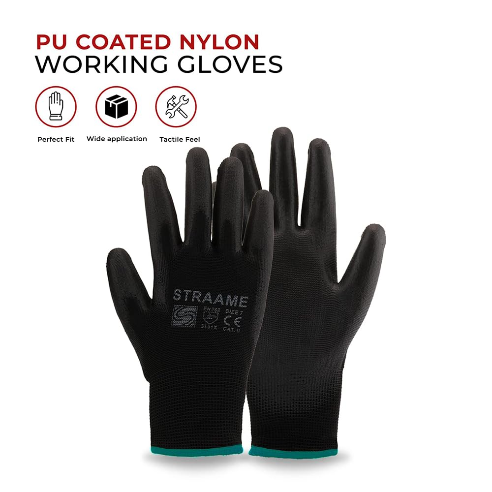 Straame Black Work Gloves, 12 Pairs, PU Coated Nylon, Non-Slip Grip, Size S