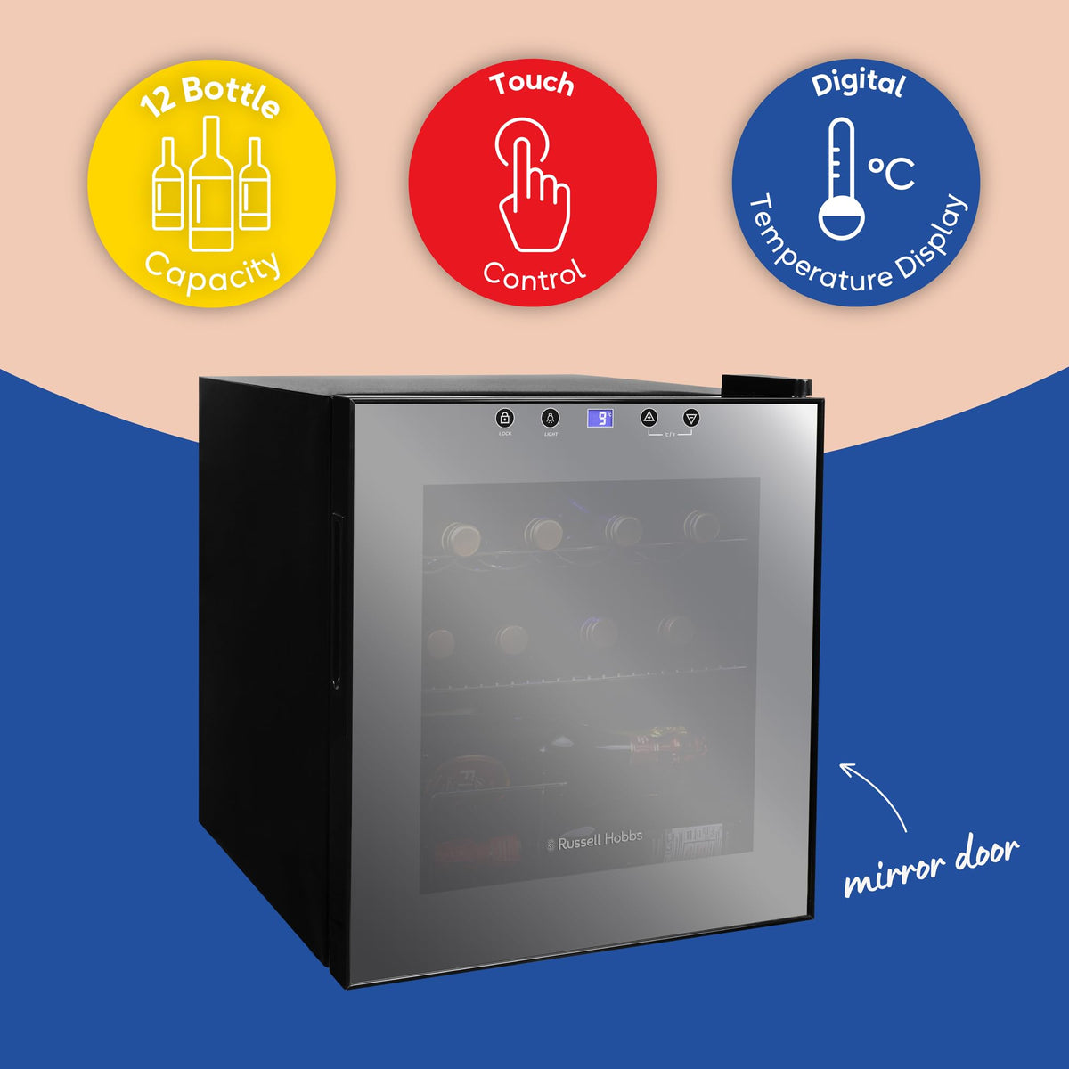 Russell Hobbs 20 Bottle 62L Mirrored Door Wine Cooler Freestanding Beverage Drinks Fridge, LED Light with Touch Control, Digital Display, Adjustable Shelves, Glass Door RH20WC201MR