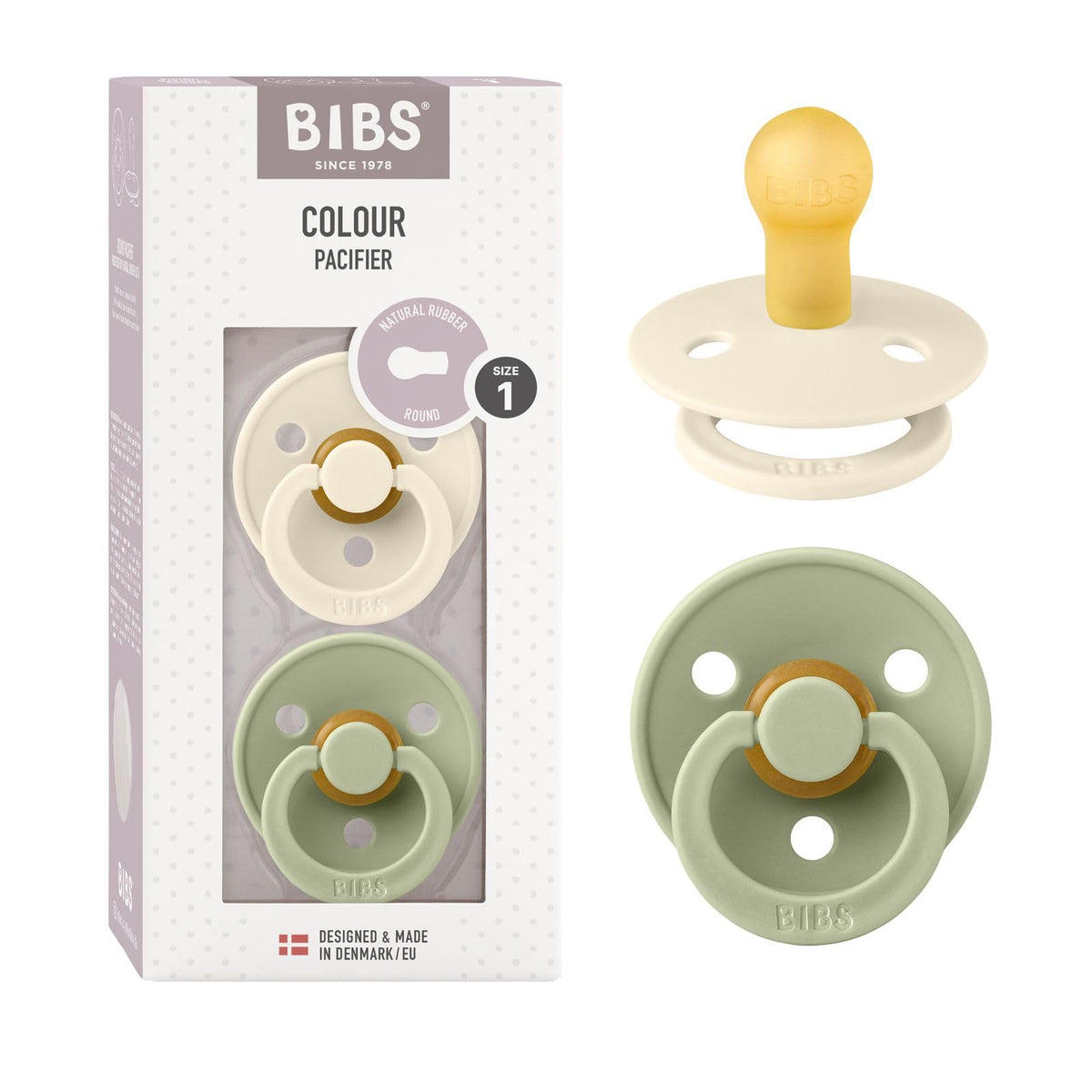 BIBS Colour Soother 2-Pack, BPA Free Dummy Pacifier, Round Nipple. Natural Rubber Latex, Made in Denmark, Size 2 (6-18 Months), Baby Blue