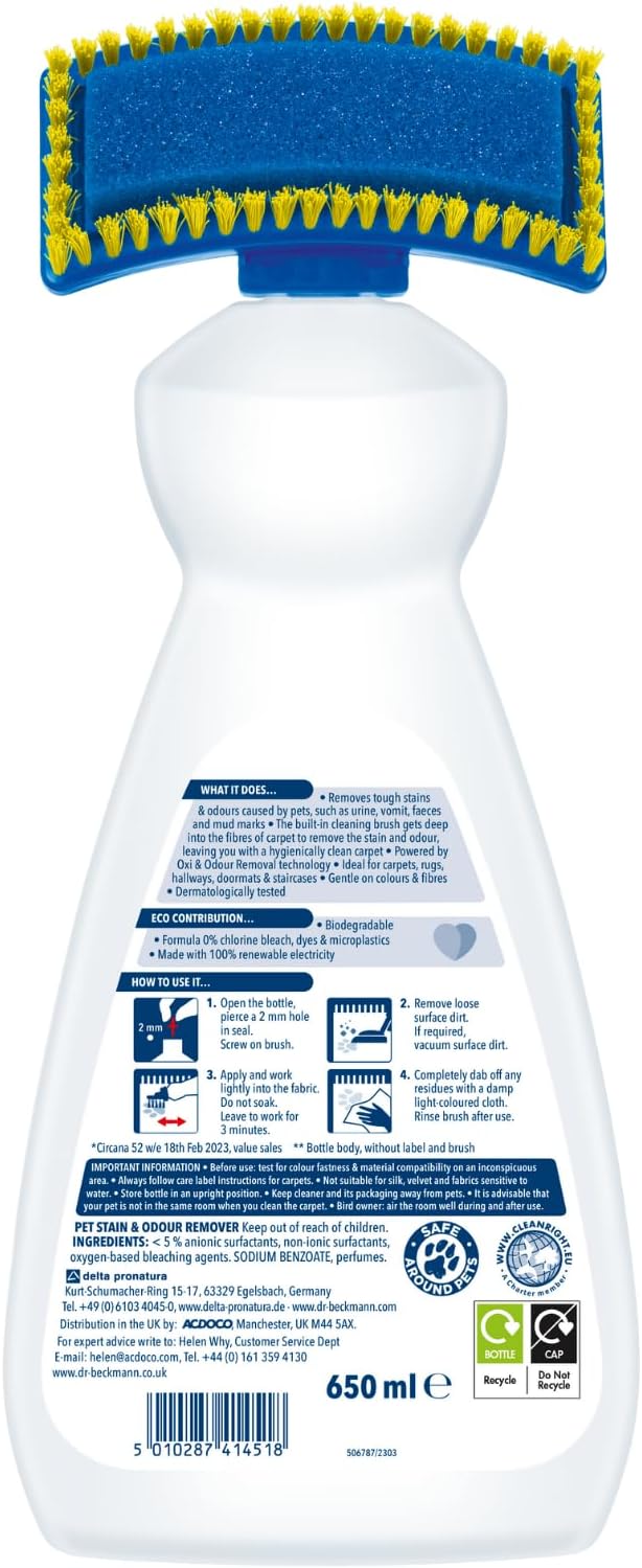 Dr. Beckmann Pet Stain and Odour Remover with Applicator Brush, 2 x 650ml