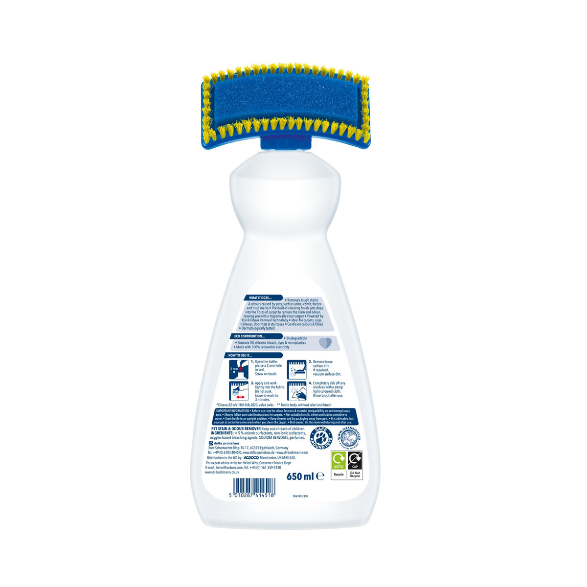 Dr. Beckmann Pet Stain and Odour Remover with Applicator Brush, 2 x 650ml