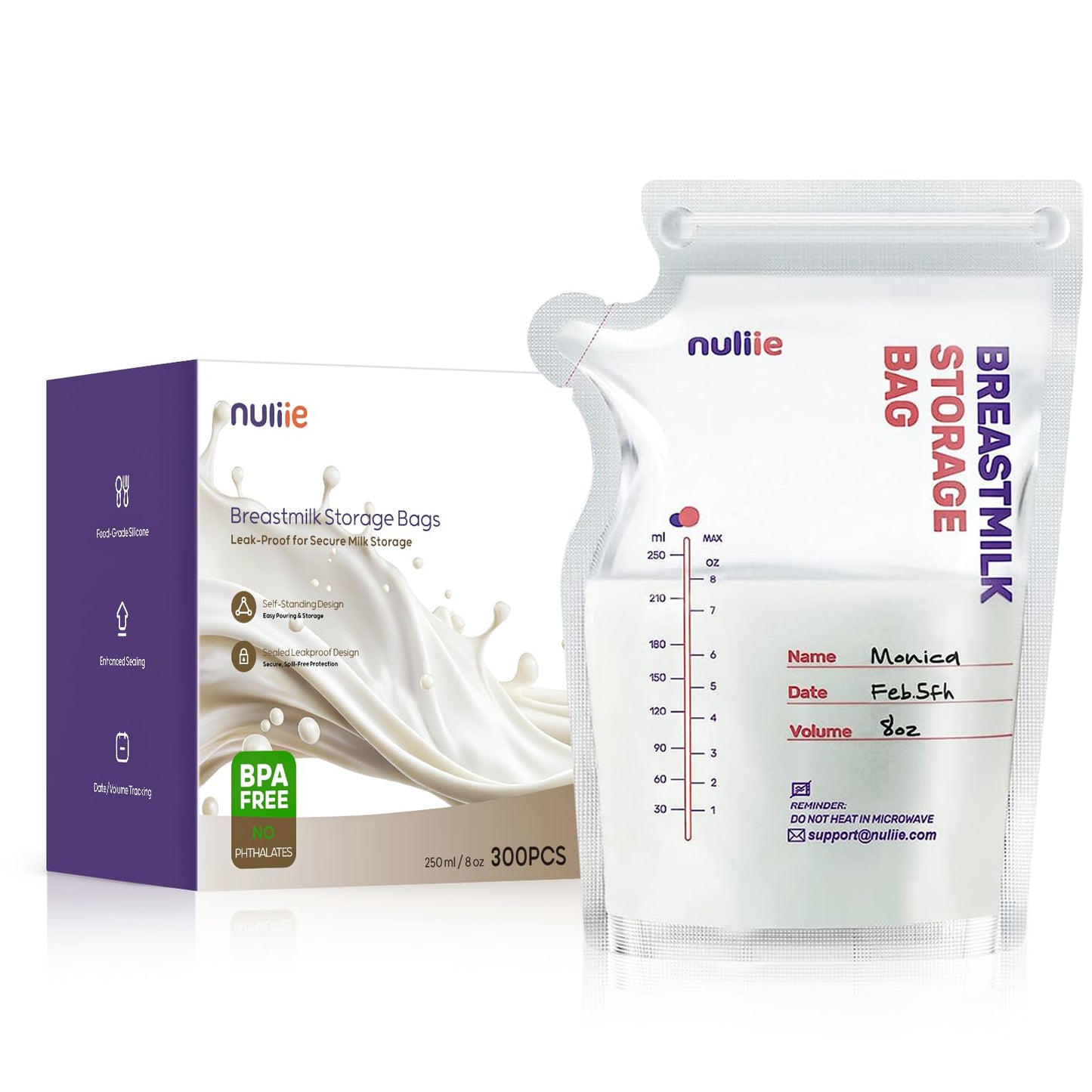 Nuliie 120 Pcs Breast Milk Storage Bags, 250ml BPA Free Milk Storage Bags with Pour Spout for Breastfeeding, Self-Standing or Flat Pre-sterilised Bag, Space Saving for Fridge or Freezer Use