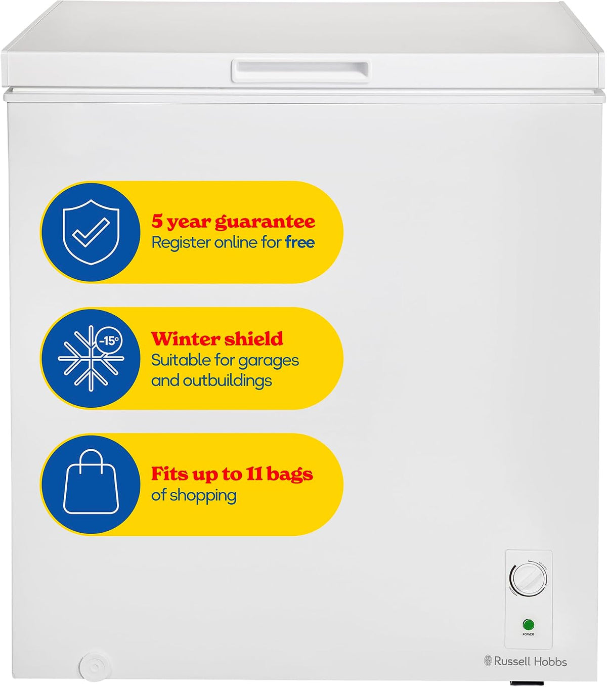 Russell Hobbs White Chest Freezer 143L Freestanding, Adjustable Thermostat, Chill or Freeze Function, 4 Star Freezer Rating & Suitable for Outbuildings & Garages RH142CF0E1W