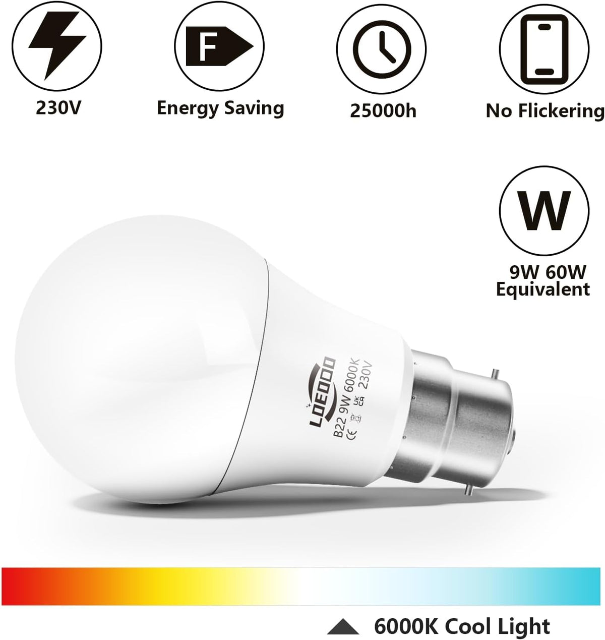 B22 Bayonet Light Bulb 9W=60W, 6000K Cool White, 806LM, Pack of 6