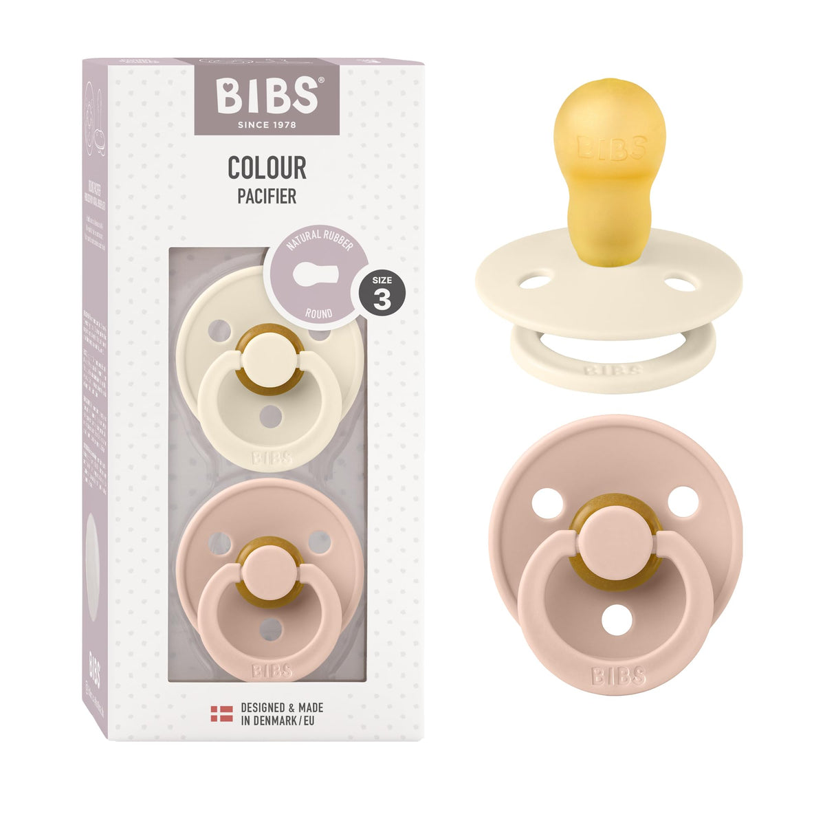 BIBS Colour Soother 2-Pack, BPA Free Dummy Pacifier, Round Nipple. Natural Rubber Latex, Made in Denmark, Size 2 (6-18 Months), Baby Blue