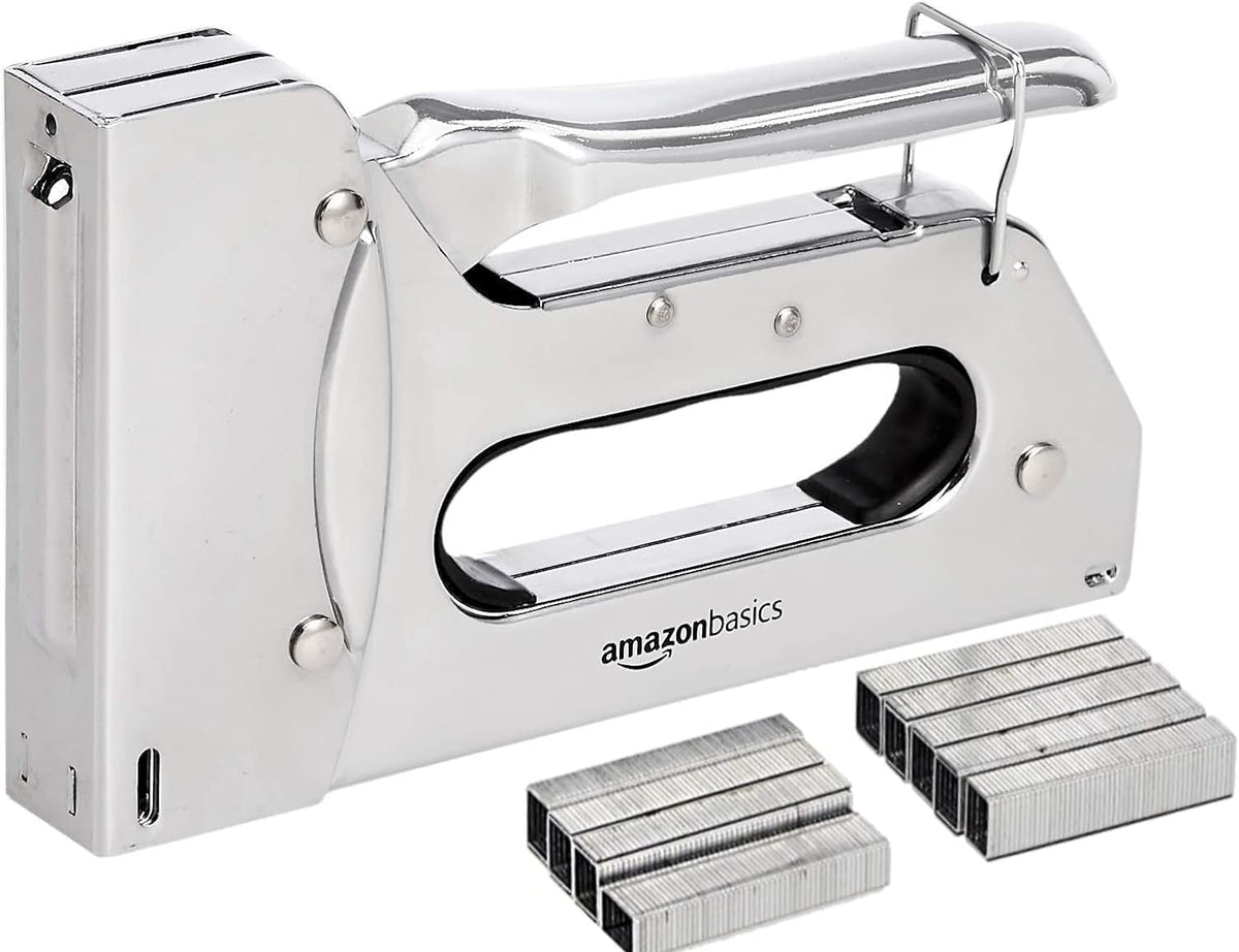 Amazon Basics Heavy Duty Stapler Gun with 1000 Staples, for Upholstery, Home Repairs, Carpentry and other Professional Projects, Silver