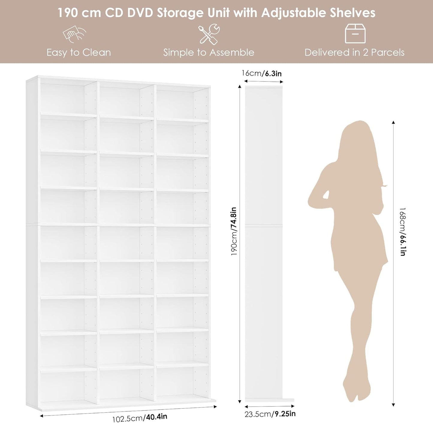 FirFurd Tall Bookcase CD DVD Storage Unit Tower Wooden Display Rack with Adjustble Shelves 27 Storage Compartments White Bookshelf 102.5x23.5x190cm