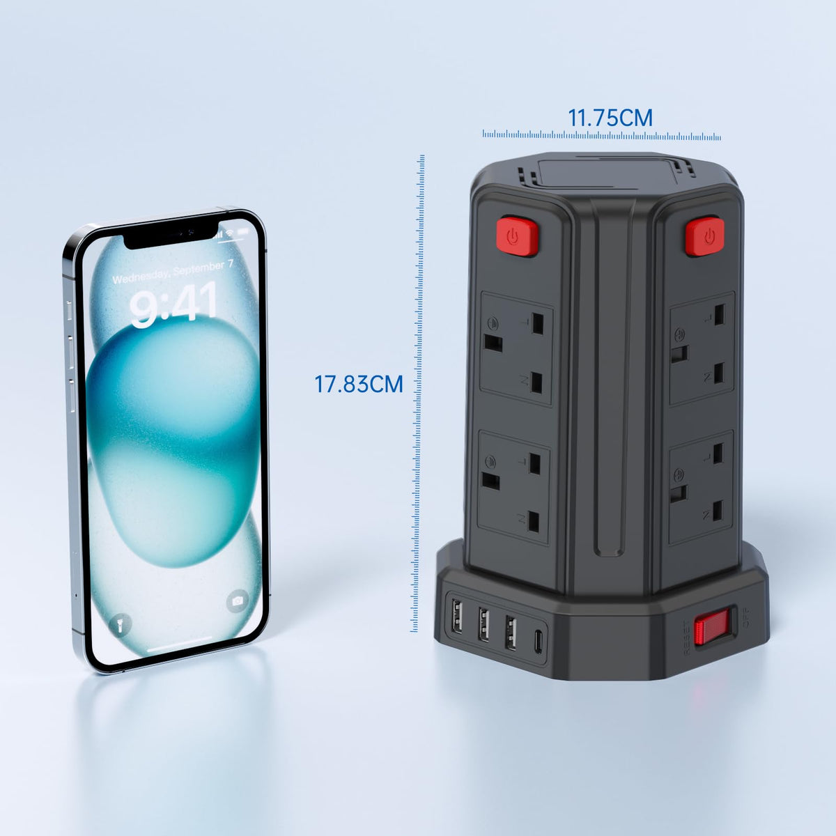 Tower Extension Lead 3M, [13A 3250W] Extension Lead, 8 AC Outlets & 4 USB Ports Multi Plug Socket Power Strip with 3M Extension Cable for Home, Office
