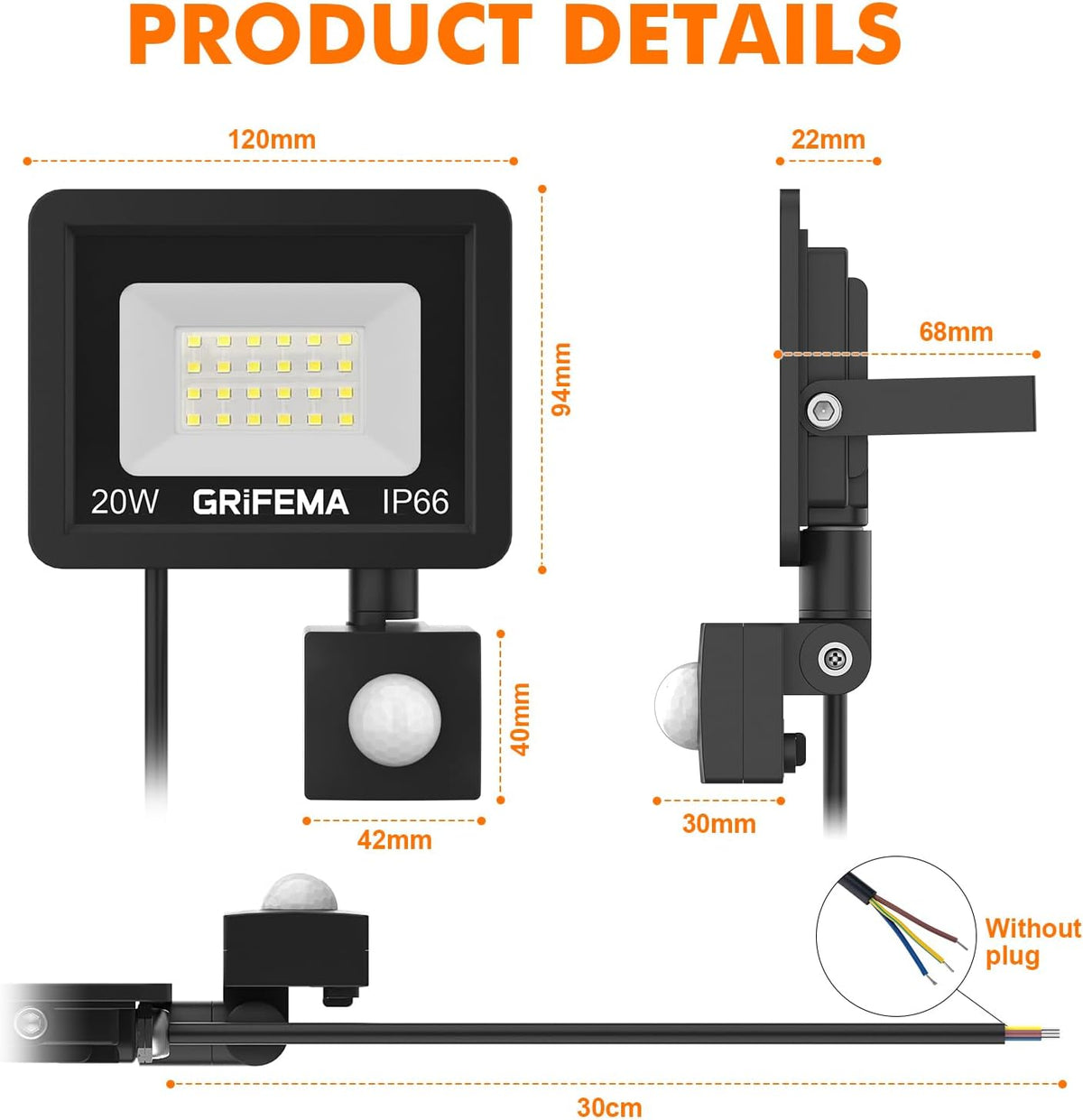 GRIFEMA 20W LED Security Light with Motion Sensor 2200LM 6500K