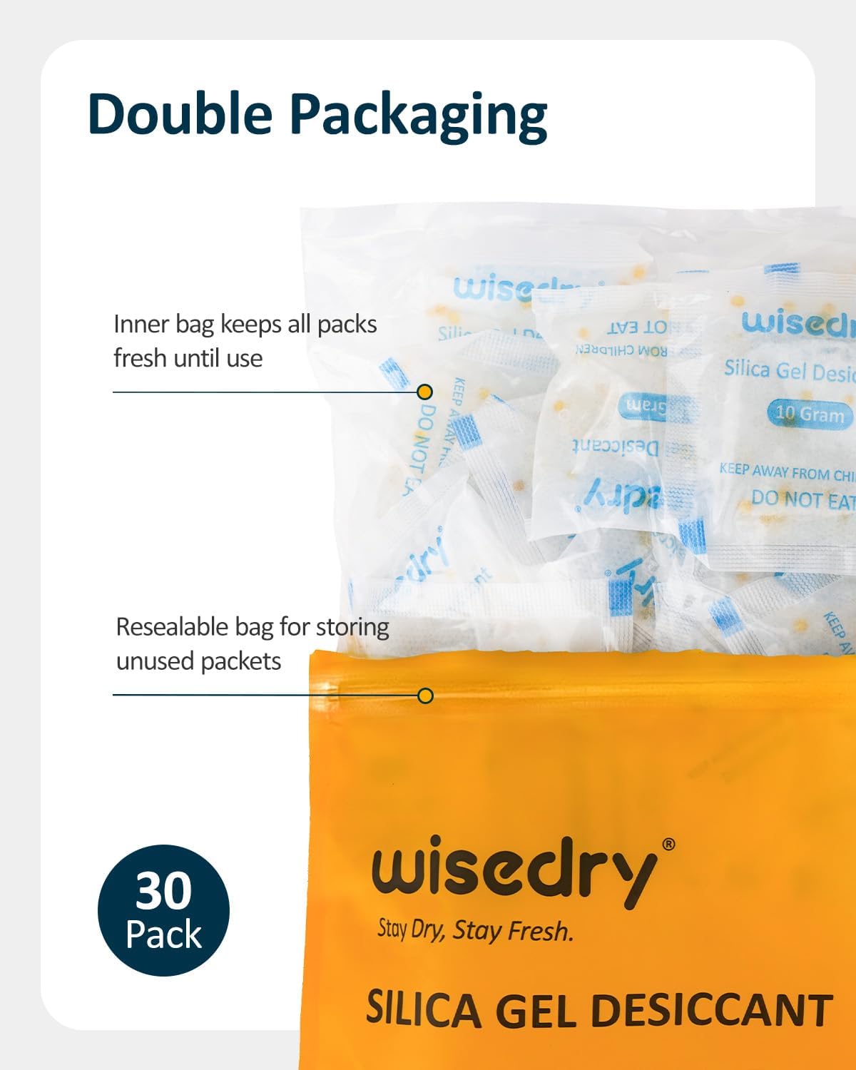 wisedry Silica Gel Sachets Bags 10 Gram x 30 Packs with Orange Beads Humidity Indicator Desiccant Packs Moisture Absorber for Air Dryer Moisture Removal, Food Grade