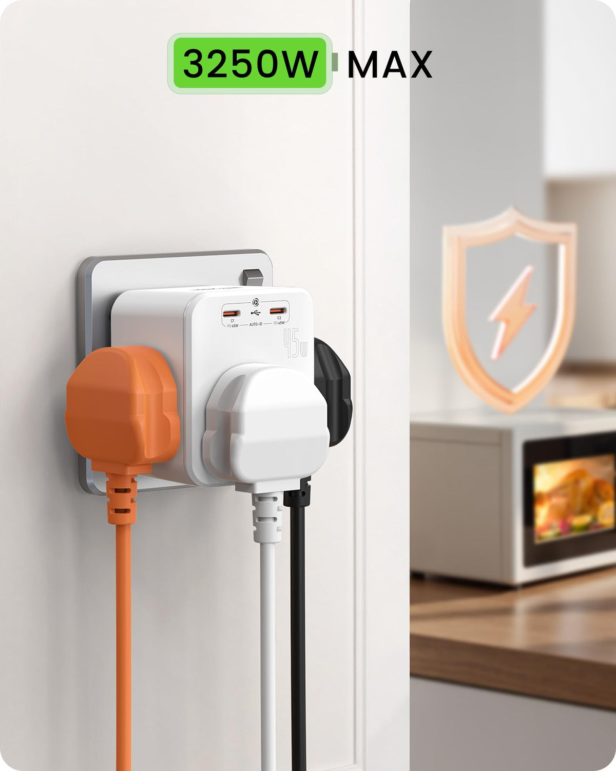 LENCENT Multi Plug Extension with 2 USB, 3 Way 3 Plugs Socket Adapter