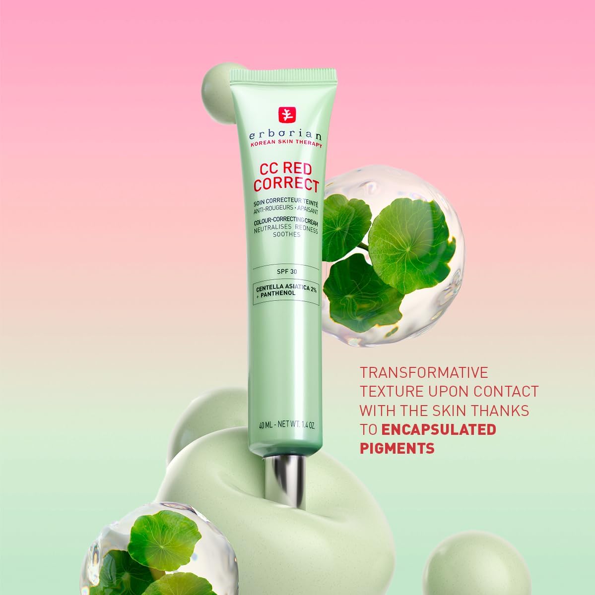 Erborian - CC Red Correct - Anti Redness Tinted Face Cream with Centella Asiatica Panthenol and Bisabolol - Green Neutralizing Shade with SPF 30 - Light Coverage - Korean Cosmetic