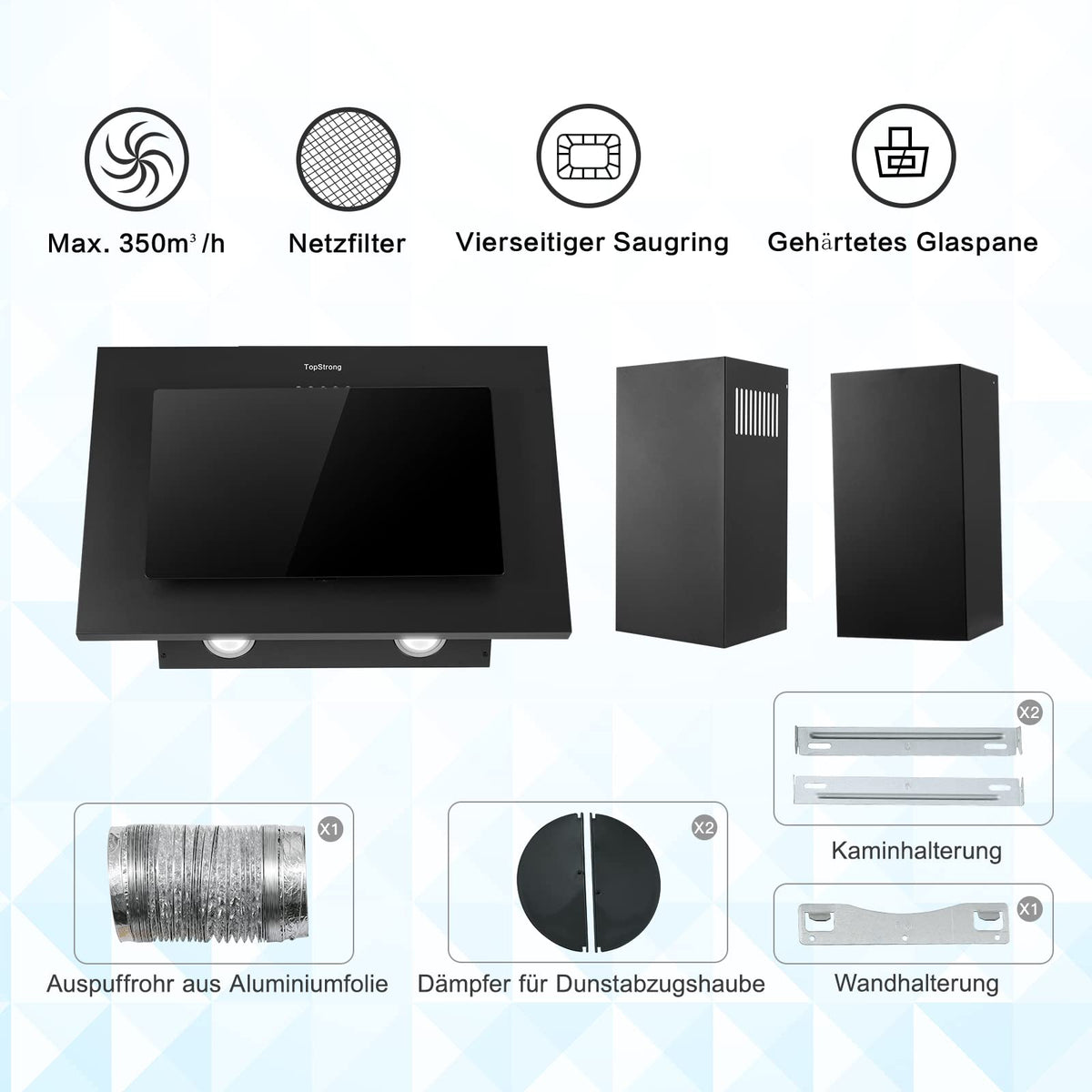 TopStrong Cooker Hood 90cm, 600 m³/h Extractor Fan kitchen, Wall-Mounted Extractor Hood, A++ Energy Efficiency, Touch Control, 58 dB, Recirculating & Ducting System, Black