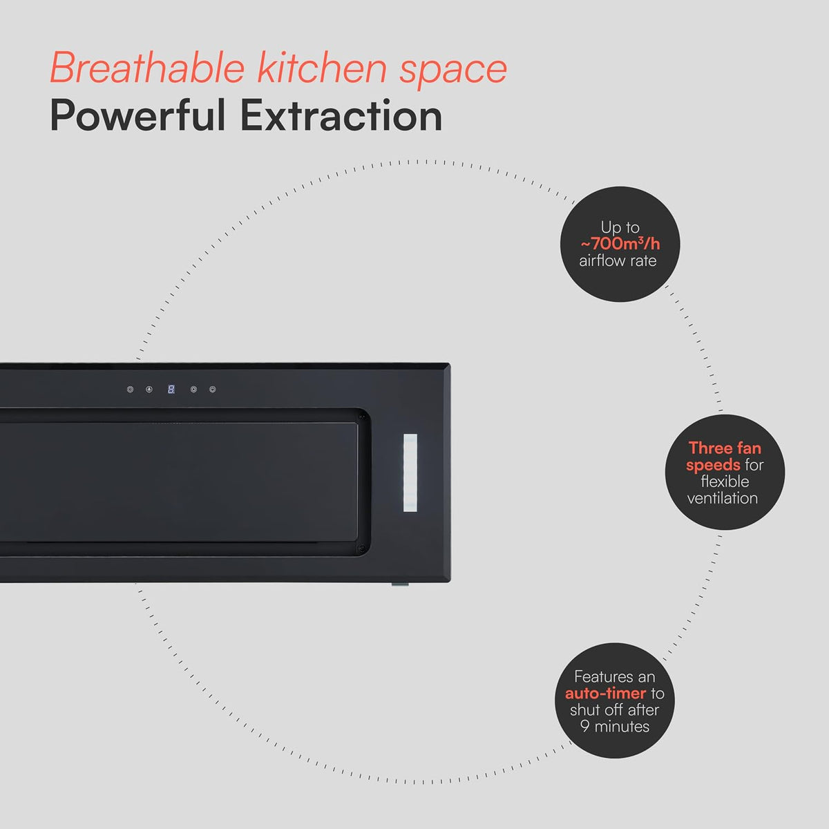 Cookology BUGL750BK Integrated Extractor Fan Cooker Hood in Black - 75cm Width - Built-in Cupboard Glass Canopy - Touch Controls - 2 LED Lights - Switch-off Timer - 3 Speed Settings - A+ Rated