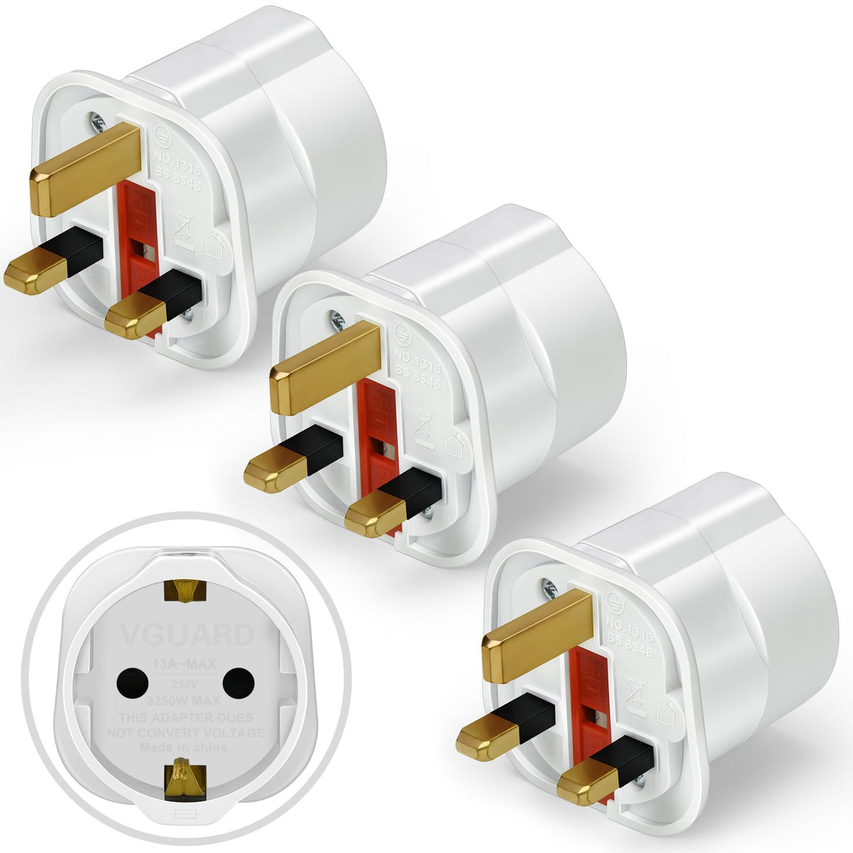 VGUARD European to UK Plug Adapter 2 Pack BS8546 Certified Travel Adapter 2-Pin to 3-Pin, EU Schuko to UK Plug with 13A Fuse for Europe French Spanish German Turkish to UK Socket - Black