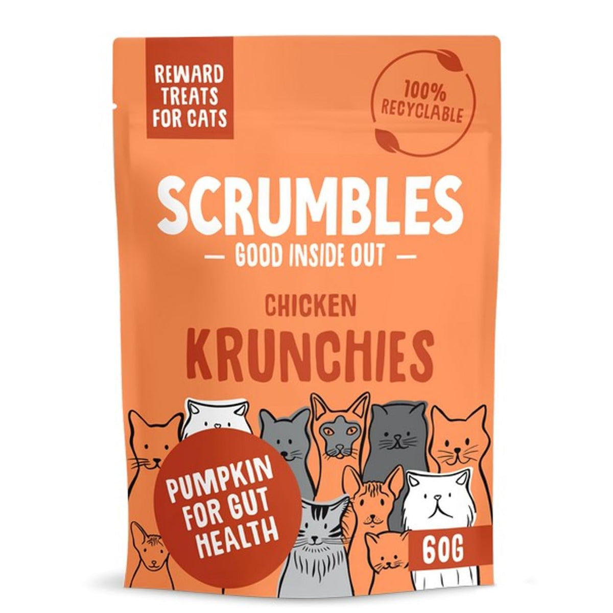 Scrumbles • Cat Treats • Krunchies • Calming • All Lifestages • 60g Bag • Hypoallergenic • No Added Sugar • Valerian & Chamomile • Gluten Free • Low Calories