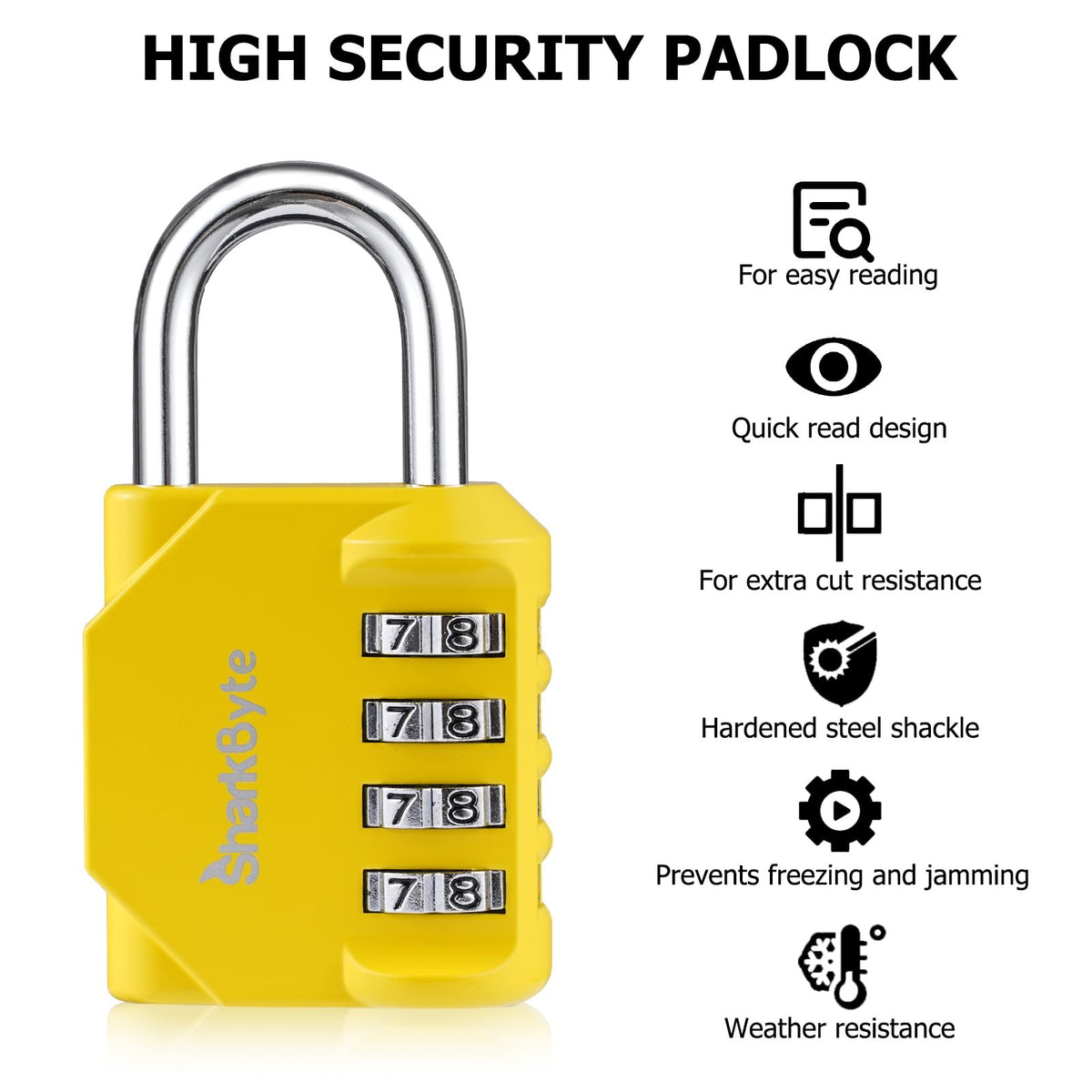 SharkByte Heavy Duty Combination Padlock – 4-Digit Weatherproof Outdoor Lock with Stainless Steel Shackle, Anti-Rust Resettable Code for Gym, School, Locker, Shed, Toolbox, Gate & Warehouse - Red