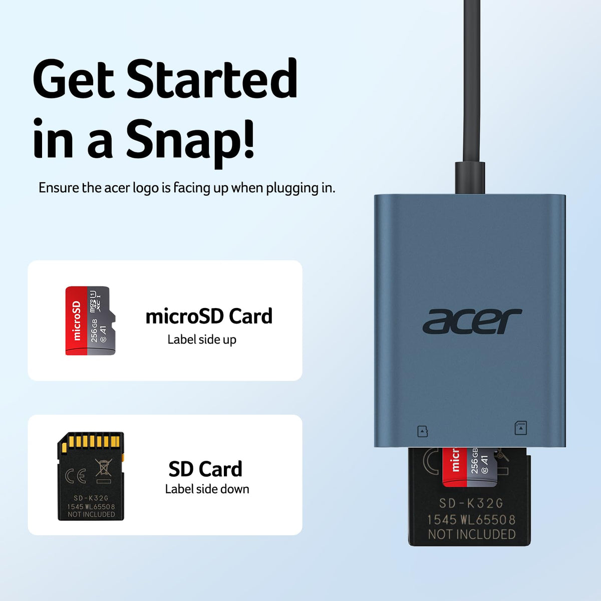 acer USB-C SD Card Reader 170MB/s, Type-C Micro SD Card Adapter Aluminium
