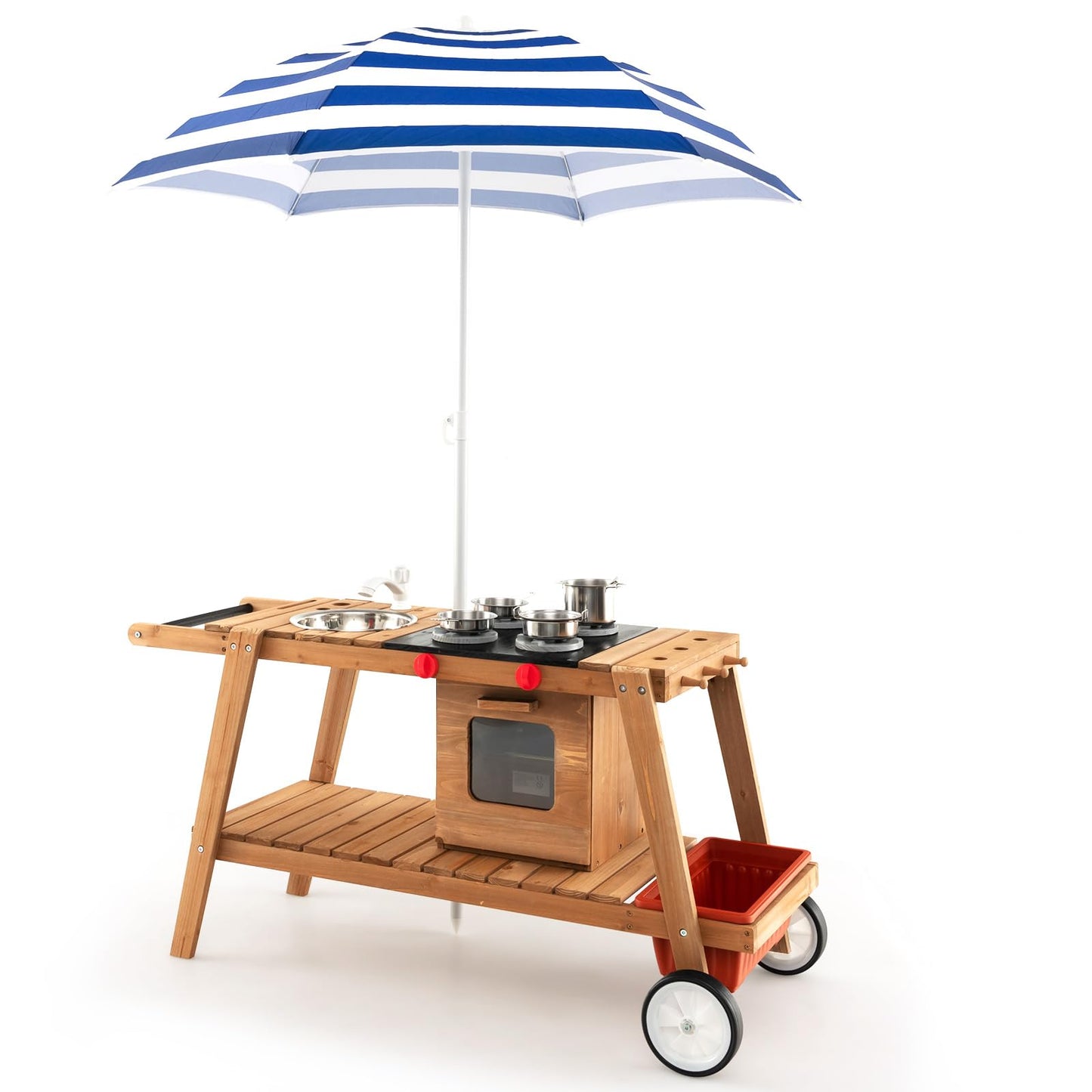 COSTWAY Wooden Mud Kitchen, Outdoor Kitchen Playset with Umbrella, Sink, Storage Cabinet and Accessories, Wheeled Role Pretend Cooking Cart for Kids Toddlers (Natural+White)