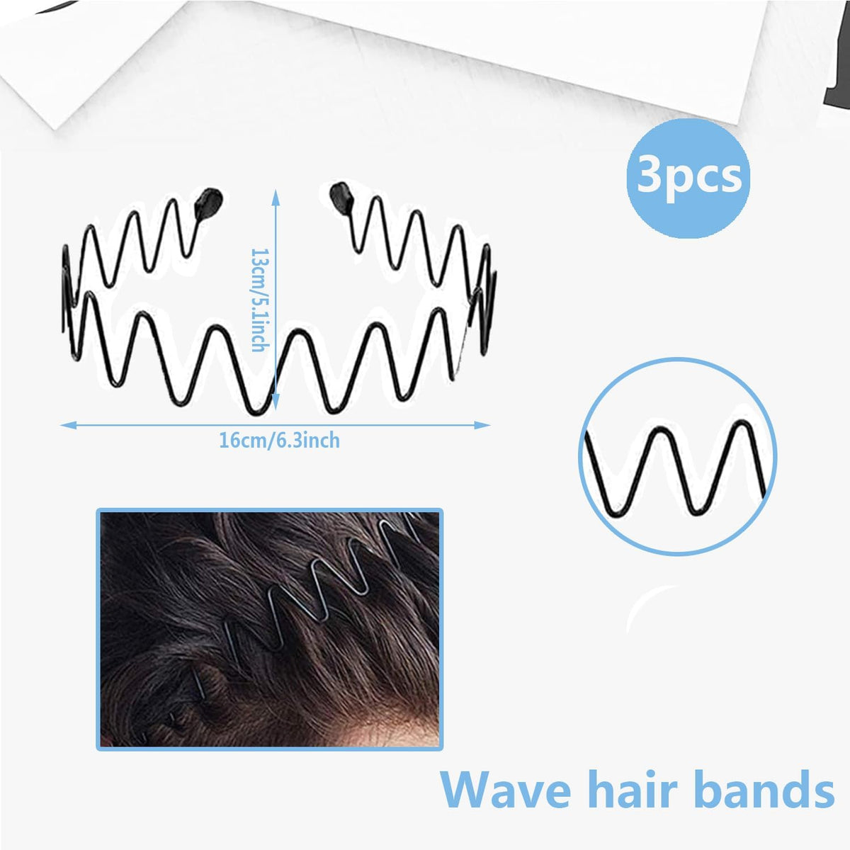 3PCS Metal Hair Bands for Men Non-Slip Black