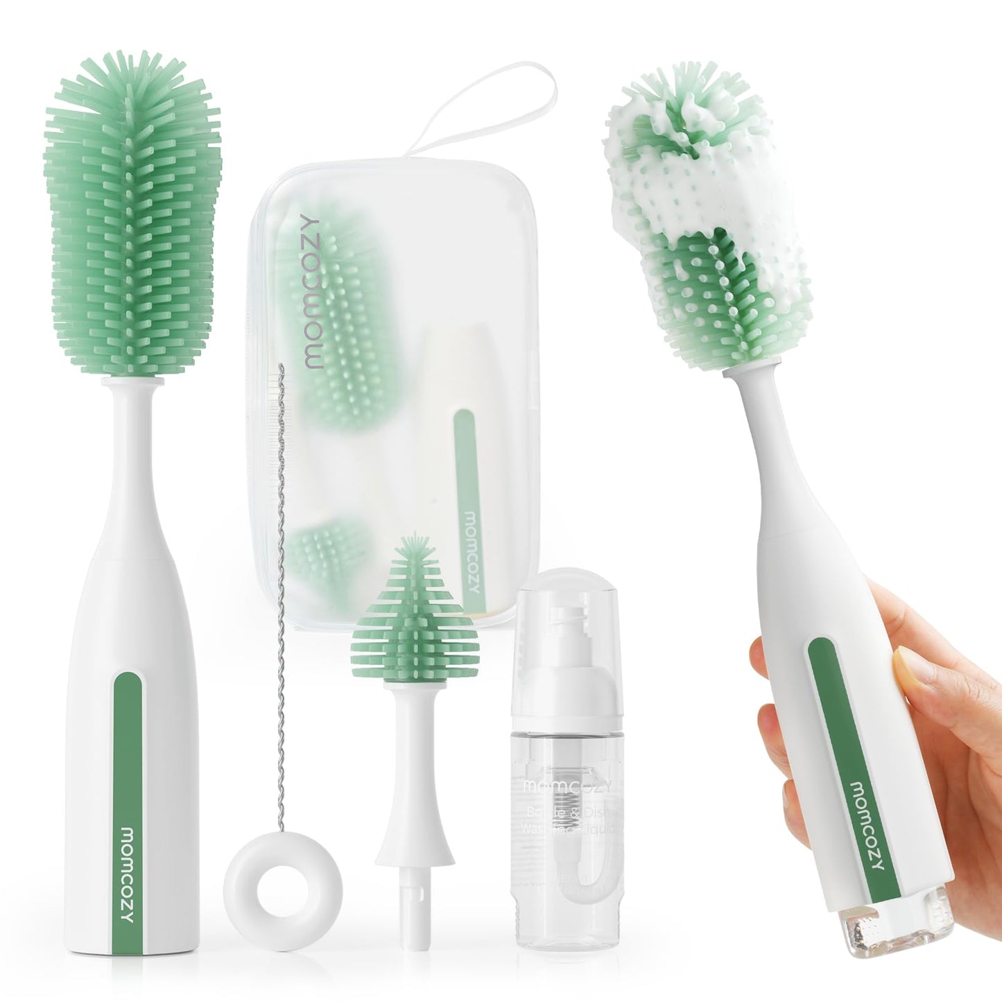 Momcozy Bottle Brush Set - Baby Bottle Cleaner Kit with Silicone Brush, Nipple Brush, Straw Brush, Soap Dispenser, Drying Rack - 7 in 1 Bottle Cleaning Tool for Home and Travel, Green