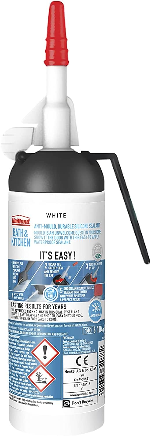UniBond Bath & Kitchen Sealant, Mould Resistant White Silicone, 1 x 104 g