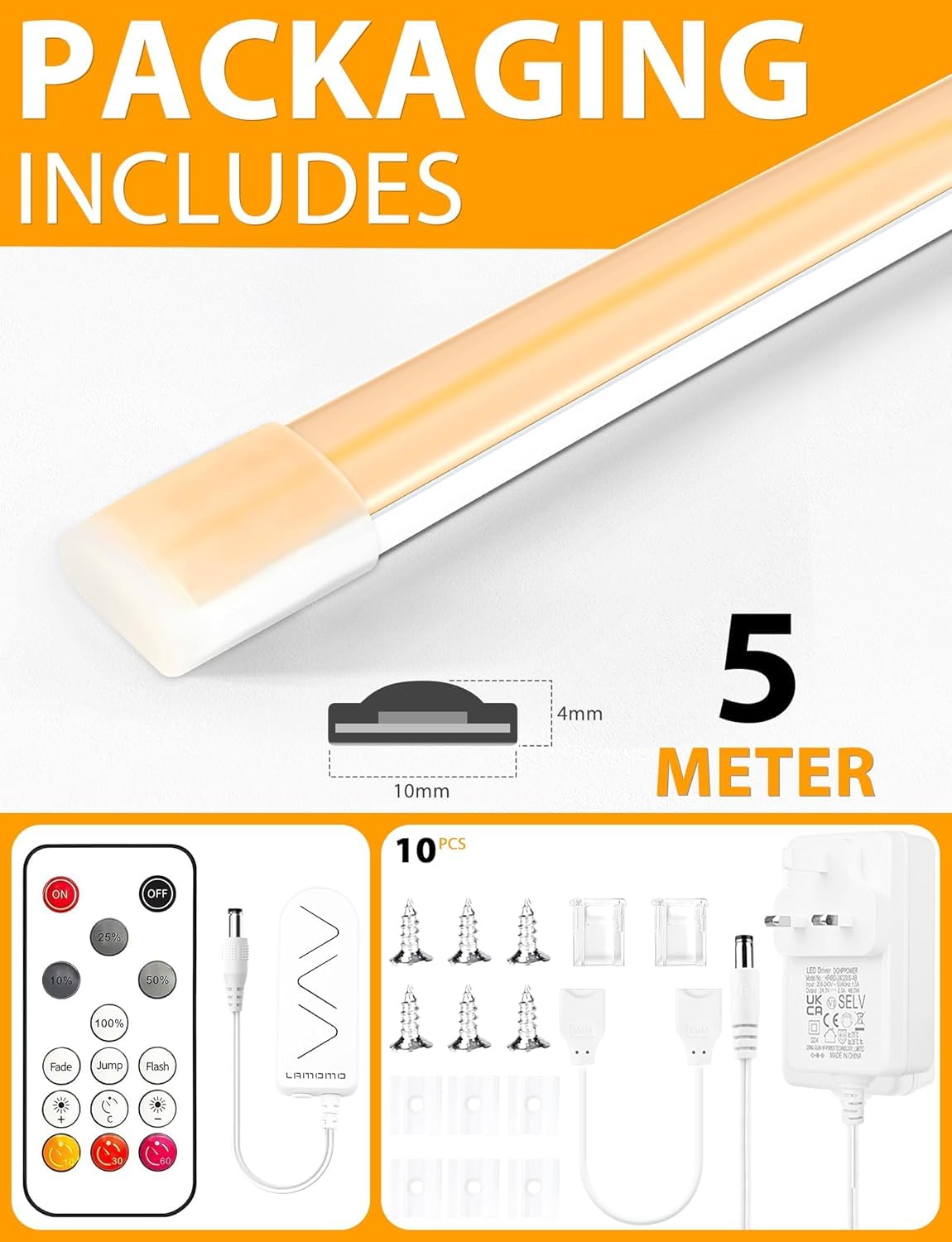 Lamomo COB LED Strip Light 5M, White Dimmable Neon Rope with Remote