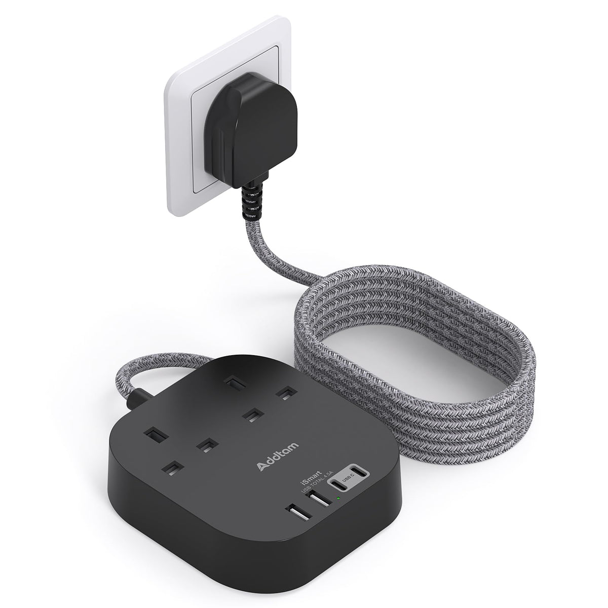 Addtam 3M Extension Lead with USB Slots, Power Strips with 2AC Outlets 4USB