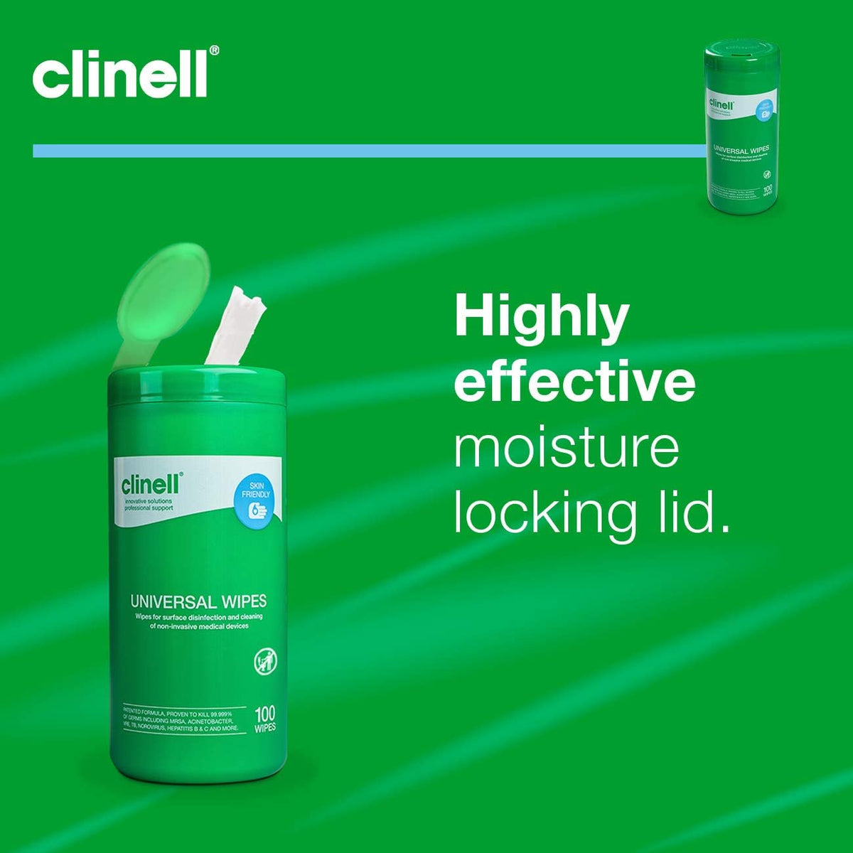 Clinell Universal Cleaning and Disinfectant Wipes for Surfaces - Tub of 100 Wipes - Multi Purpose, Kills 99.99% of Germs, Quick Action - 275mm x 190mm - Neutral Scent