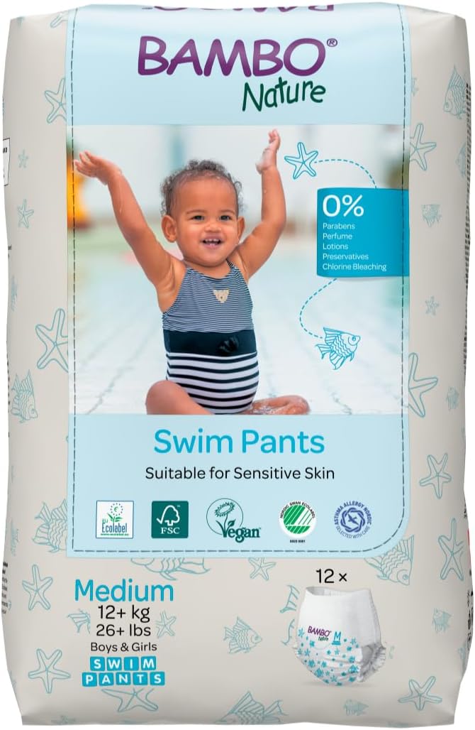 Bambo Nature Premium Swim Nappy Pants Medium Size (12+ kg), Disposable and Eco-Labelled, Perfect Swimming Nappies for Water Activities, Swim Nappies for Babies