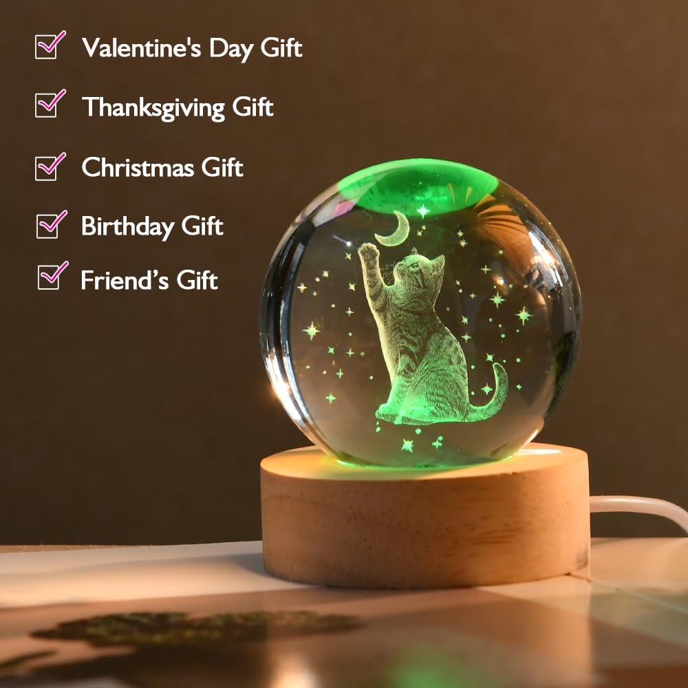 3D Fairy Crystal Ball 60mm Glass Fairy with Flower Night Light Gifts for Girl Women with Light Base