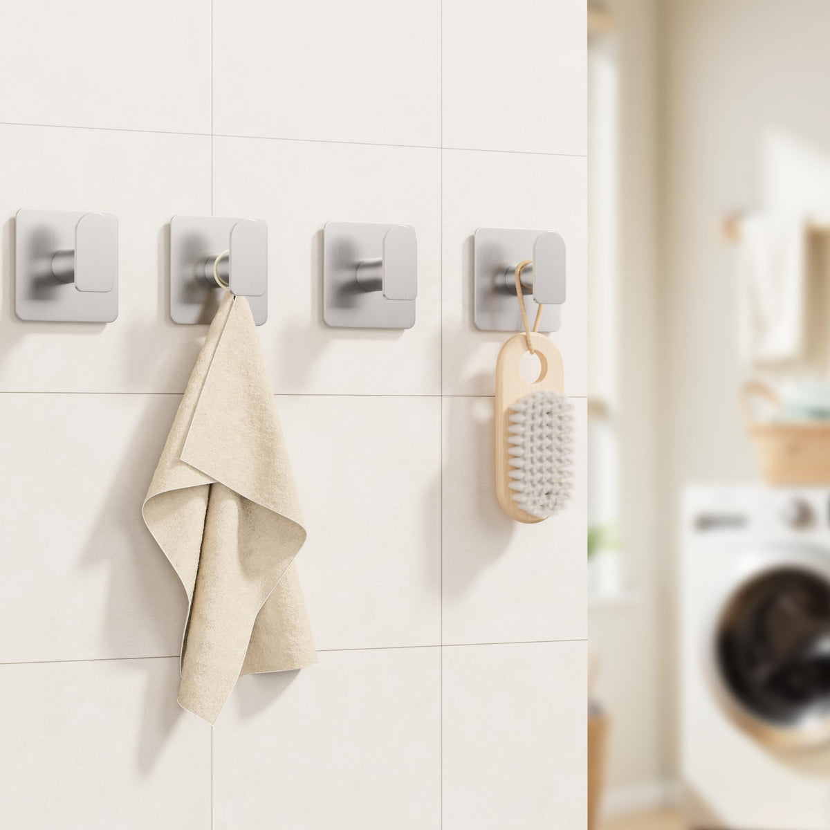 Aikzik 4 Pack of Self Adhesive Hooks, Max 8kg Load Sticky Hooks, Tea Towel Hooks, Versatile Self-Adhesive Wall Hooks for Use in Bathrooms, Kitchens, Doors, Cupboards, Bed Curtains, Towels, Key