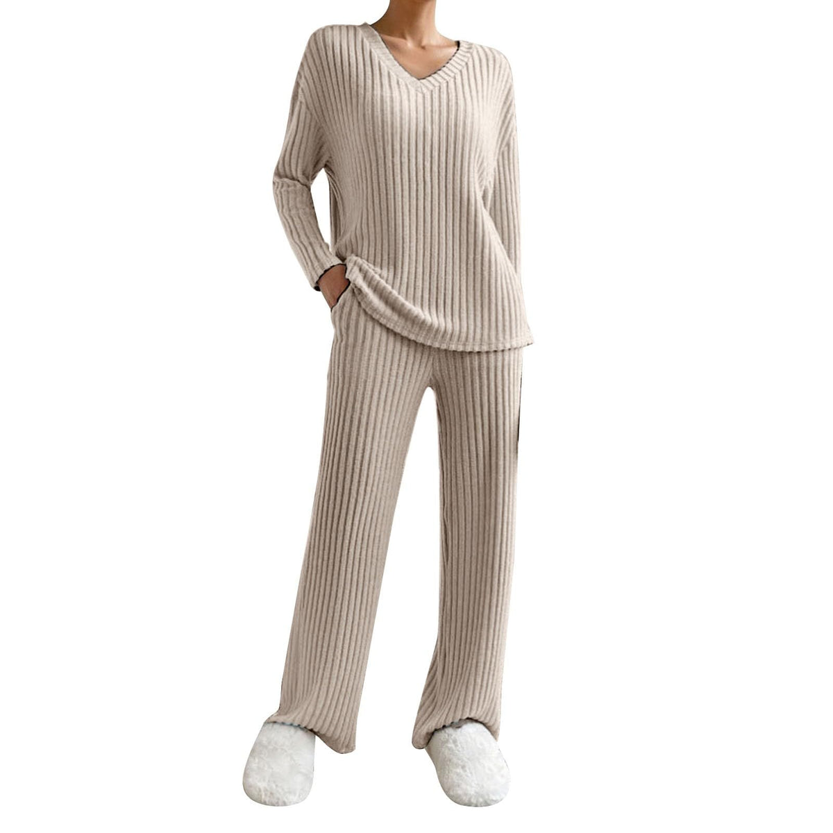 Lounge Wear Sets For Women Uk Womens Pyjamas Set Ladies Pyjamas Two Piece Outfit Fleece Tracksuits V-Neck Long Sleeve Jumpers And Wide Leg Trousers With Pockets Sleepwear Plain Casual Homewear