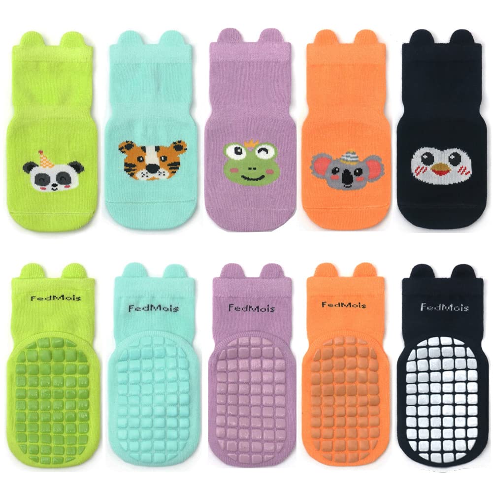 FedMois 5 Pairs Baby Kids Anti-slip Socks Cotton non skid Ankle Socks Animals
