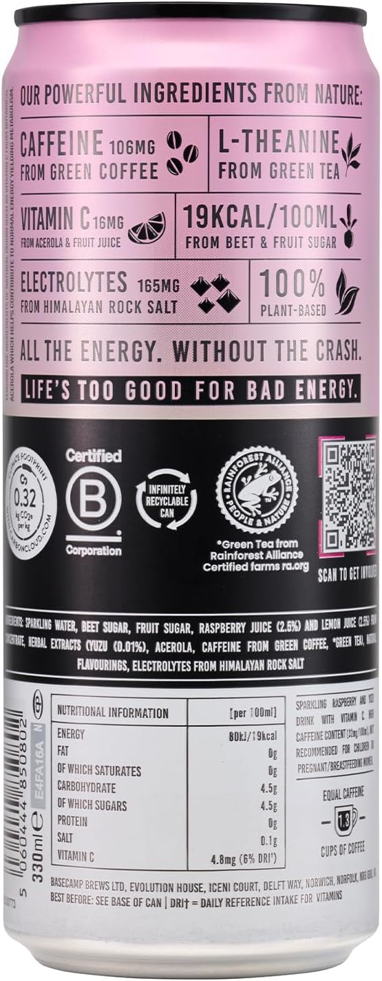 TENZING Natural Energy Drink, Plant Based, Vegan, & Gluten Free, +BCAA, Apple & Seaberry, 330ml (Pack of 12) - Packaging may vary