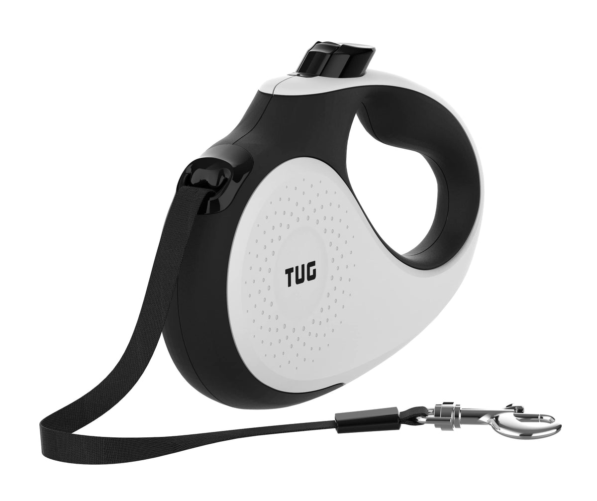 TUG 360° Tangle-Free Retractable Dog Lead for Up to 25 kg Dogs | 5 m Strong Nylon Tape | One-Handed Brake, Pause, Lock (Medium, White/Orange)