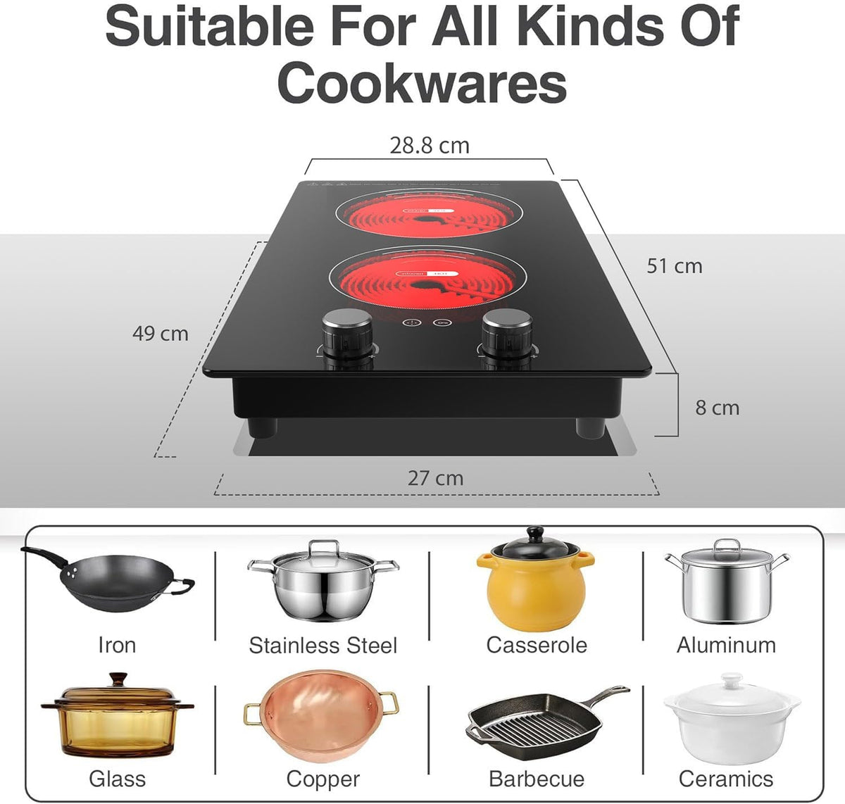 VBGK Portable Ceramic Hob, 2000W Pulg in Single Electric Hob, Portable Electric Hob with Digital LED Touch Controls, 10 Power Levels, 4-Hour Timer, Child Safety Lock, Black