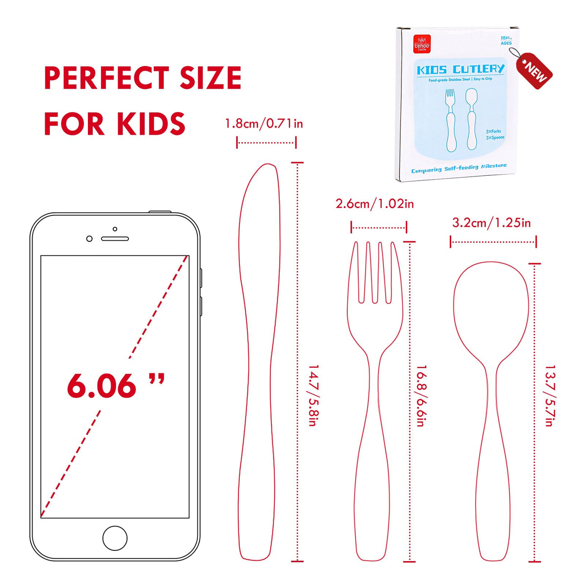 Lehoo Castle Stainless Steel Toddler Cutlery Set, 6-Piece Dinosaur Design