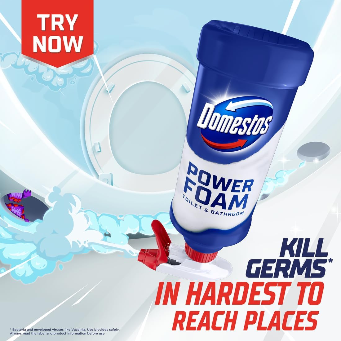 Domestos Power Foam Arctic Fresh Toilet & Bathroom Cleaner Spray sprays upside down & eliminates 99.99% of germs* for cleaning inside the toilet & around the bathroom 450 ml