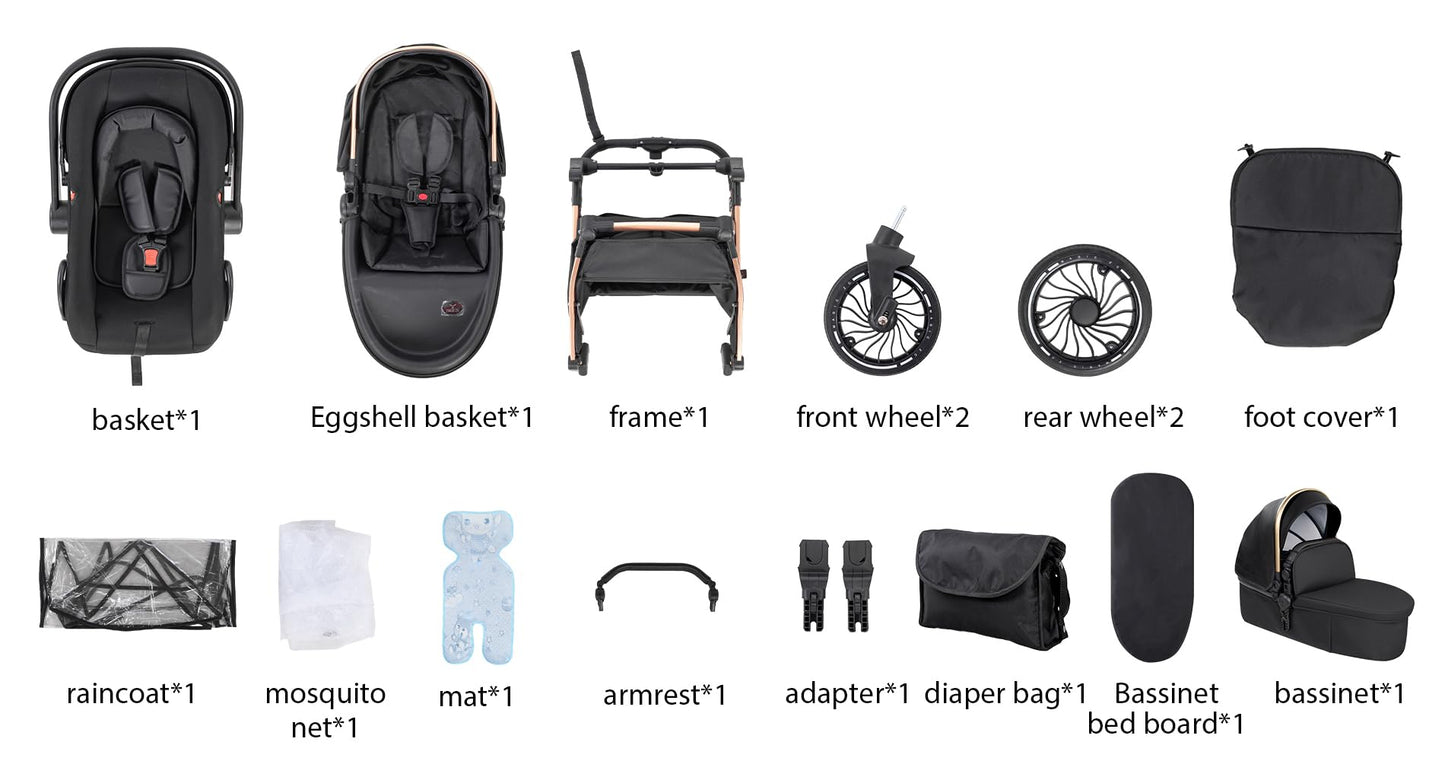 PU Leather 3 in 1 Pushchair Travel System, Toddler Stroller, Baby Pram 3 in 1, Infant Carriage with One-Click Folding, Newborn Buggy with Aluminum Frame (V6 Black)