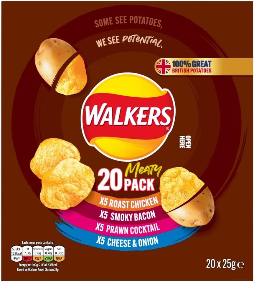Walkers Meaty Variety Multipack Crisps Box 20x25g, Red