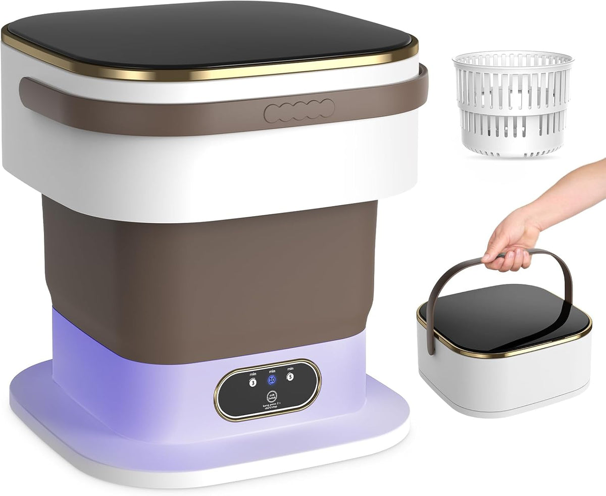 Mini Washing Machine, 15L Portable Washing Machine with Spin Dryer & 3 Cleaning Modes for Small Clothes, Foldable Portable Washer for Apartments, Dorms, Camping (Khaki)