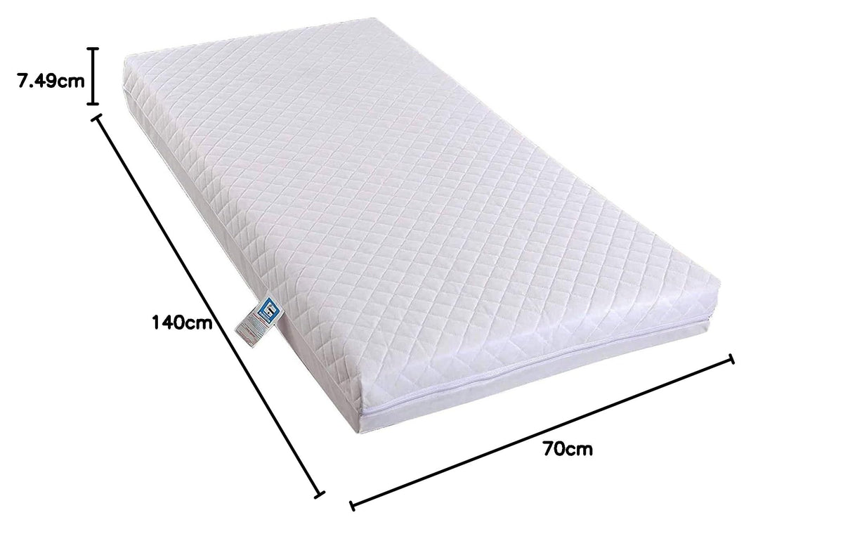 Travel Cot Mattress 95 x 65 x 7.5 cm – Fits Red Kite, Hauck, Graco – Quilted Breathable & Anti-Allergenic Polycotton Cover – Firm Foam Support, Removable Cover – UK Made