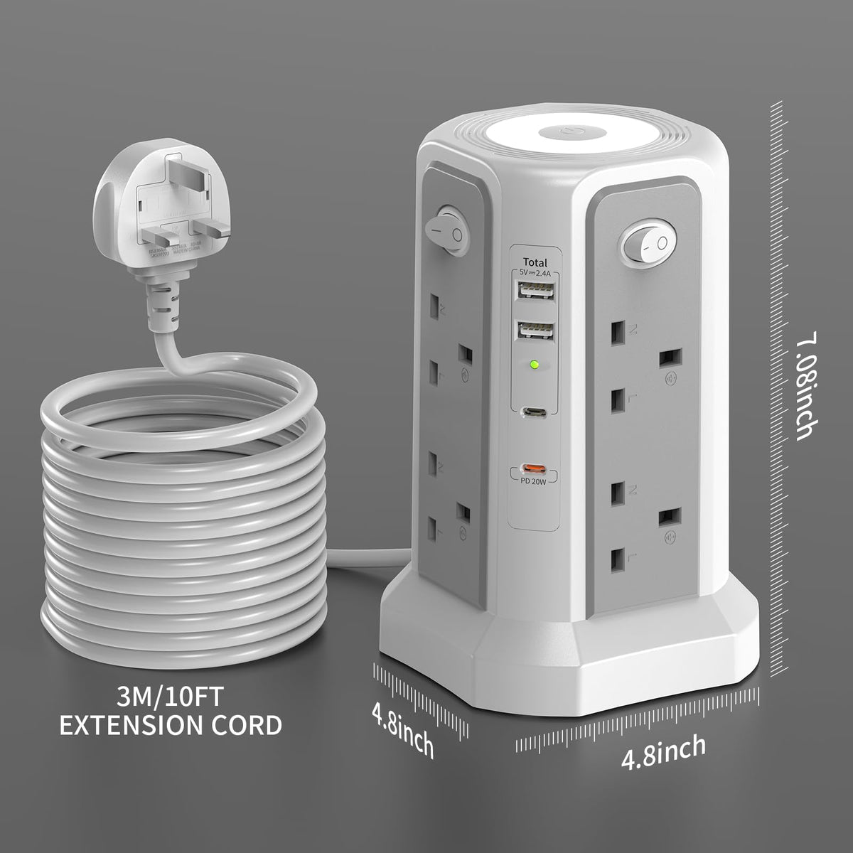 HAFINO Tower Extension Lead 3M with USB Slots and Night Light, 4 Switches